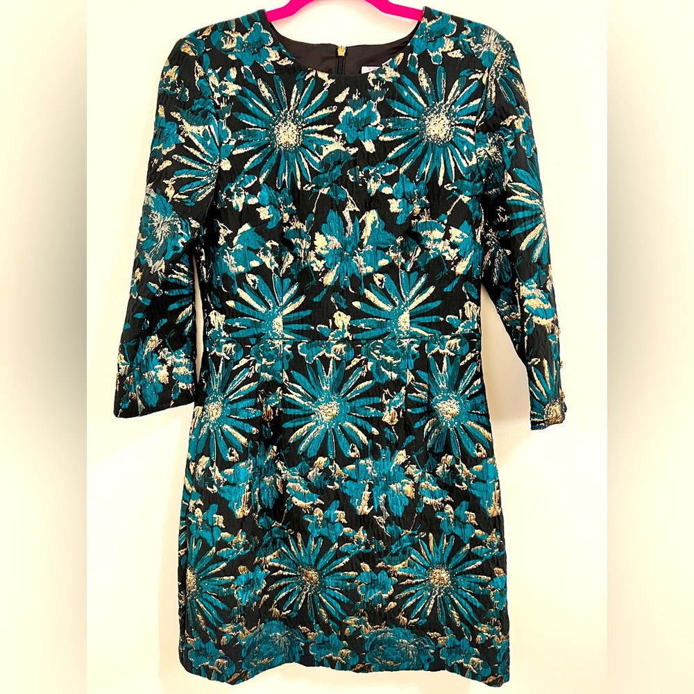 Trina Turk. Black, teal, metallic gold brocade. Very fitted. Zip back.